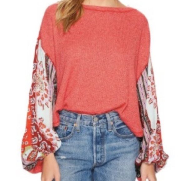 Free People We the Free Blossom thermal balloon sleeve patchwork boho fun top XS - Picture 2 of 11